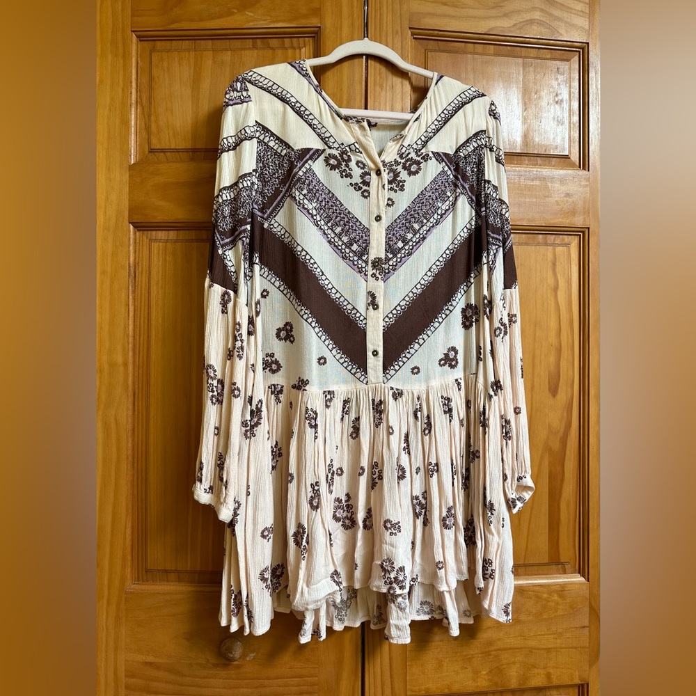 Free People Pink Brown Floral Tunic Mini Dress Drop Waist Long Sleeve Size S